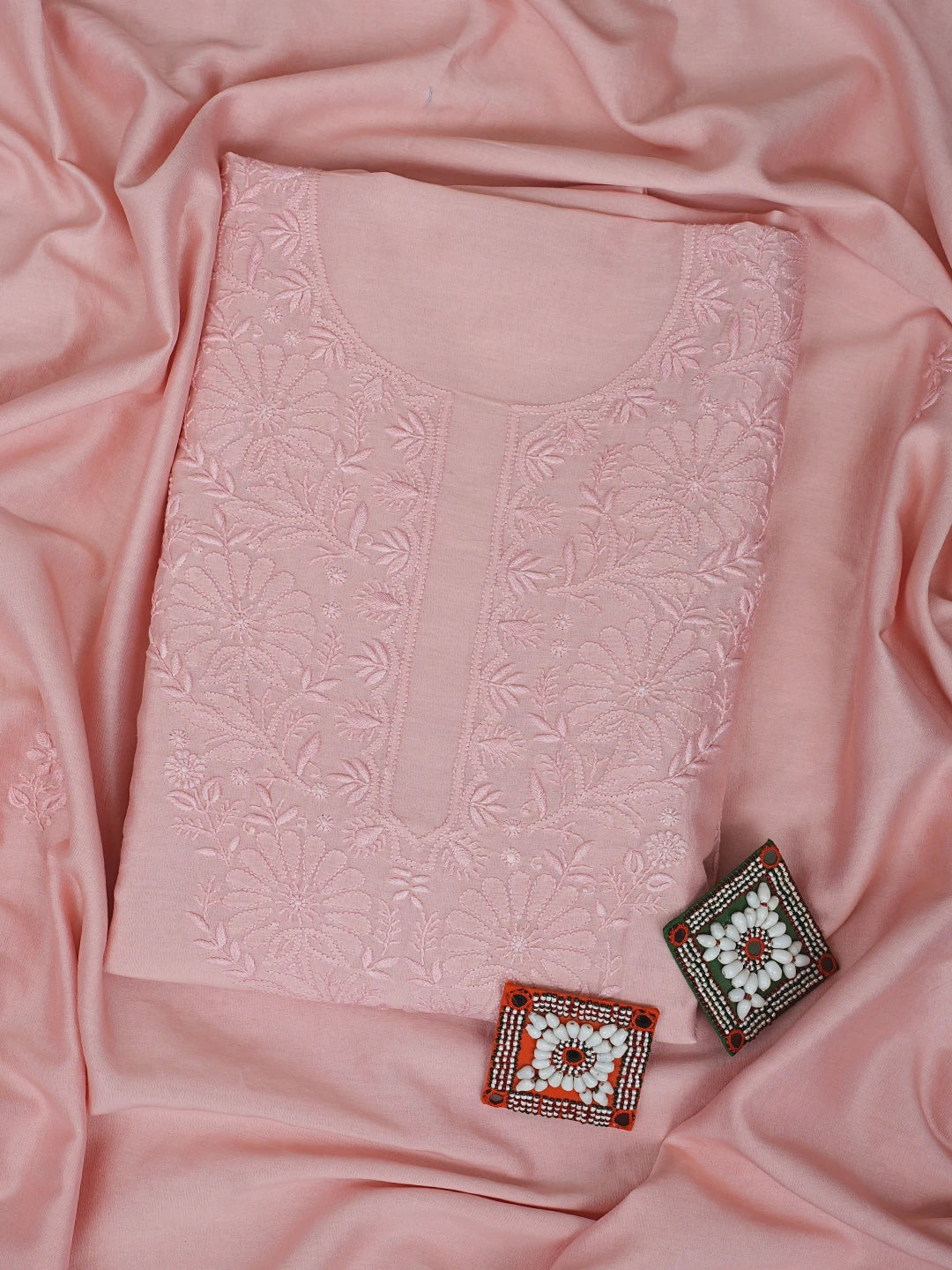 Ada Hand Embroidered Peach Chanderi Lucknowi Chikankari Unstitched Kurta Dupatta Set 01A932538