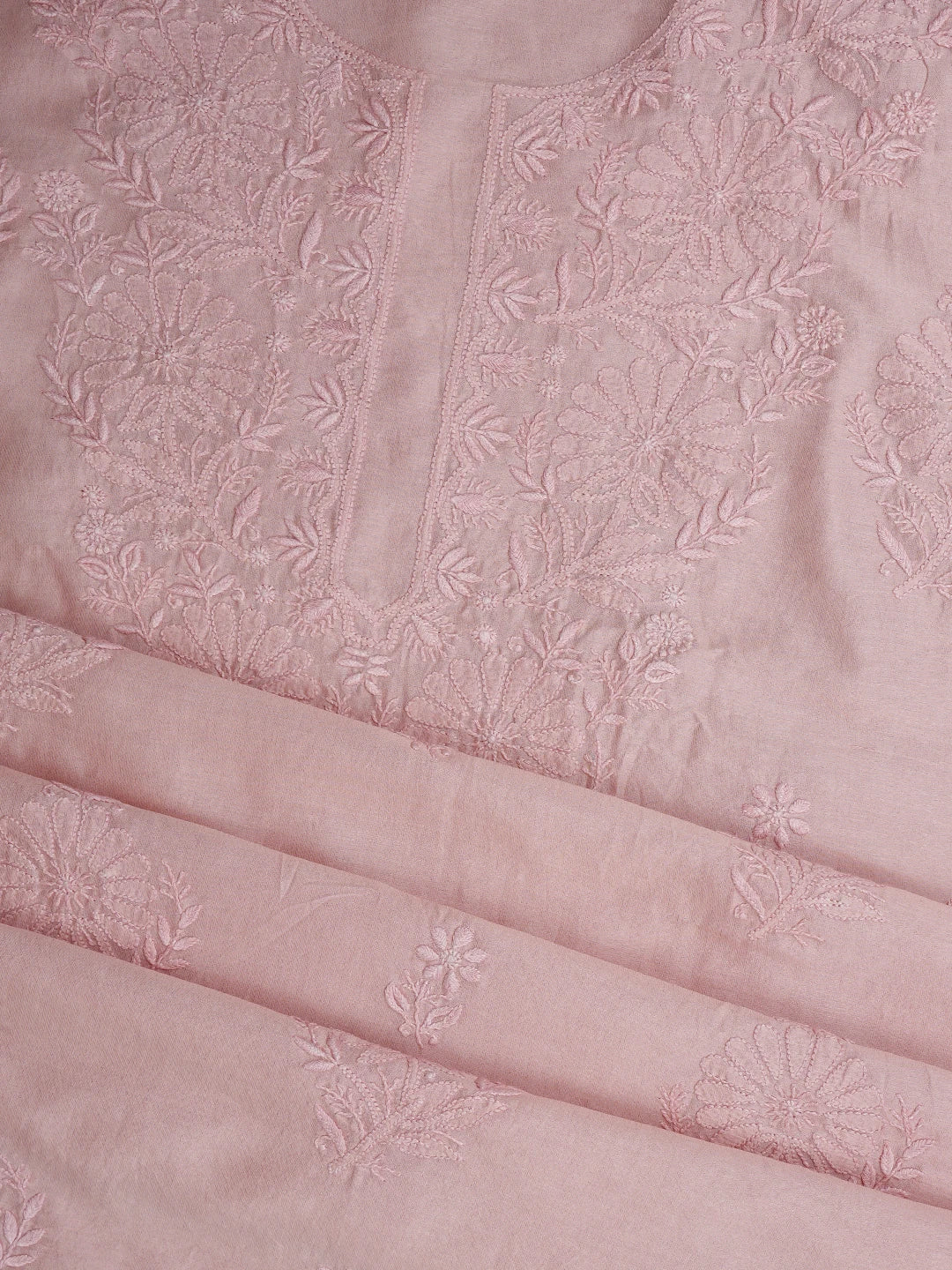 Ada Hand Embroidered Peach Chanderi Lucknowi Chikankari Unstitched Kurta Dupatta Set 01A932538