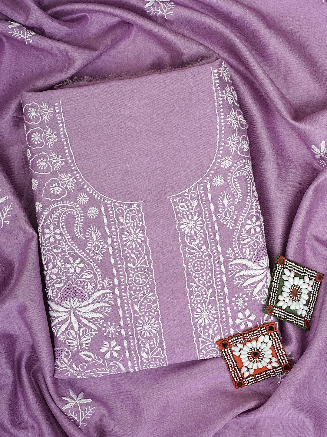 Ada Hand Embroidered Mauve Chanderi Lucknowi Chikankari Kurta Dupatta Set 01A932536