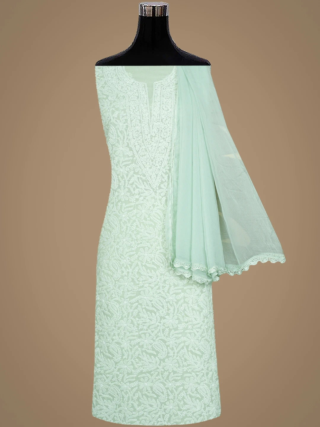 Ada Hand Embroidered Light Green Cotton Lucknowi Chikankari Unstitched Suit Piece with Chiffon Dupatta 01A932472