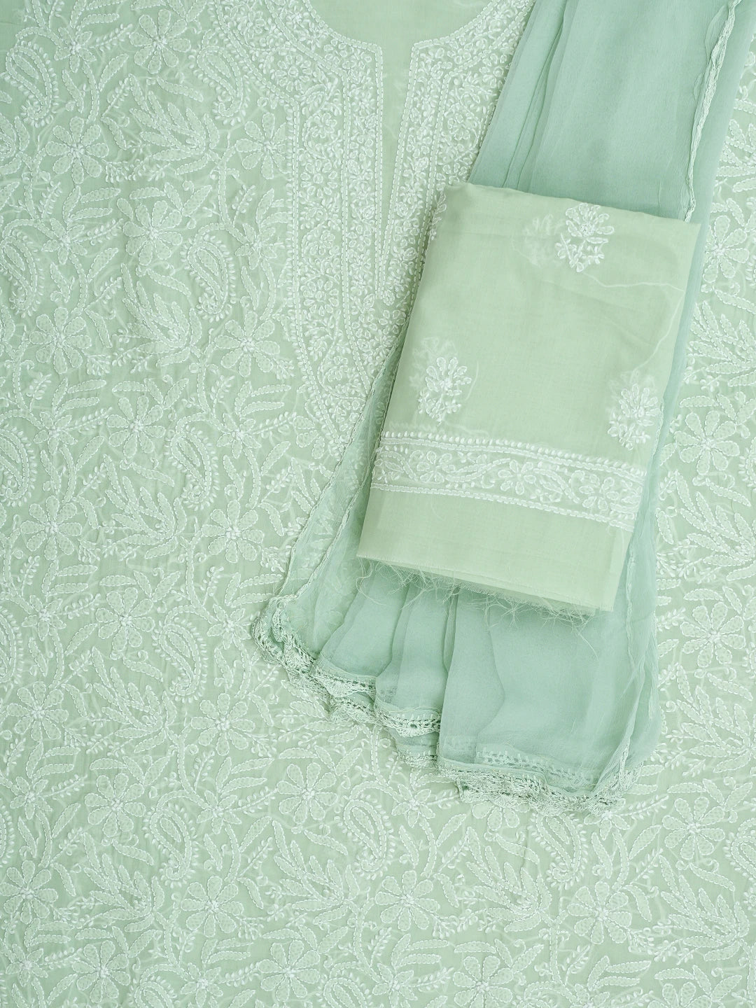 Ada Hand Embroidered Light Green Cotton Lucknowi Chikankari Unstitched Suit Piece with Chiffon Dupatta 01A932472