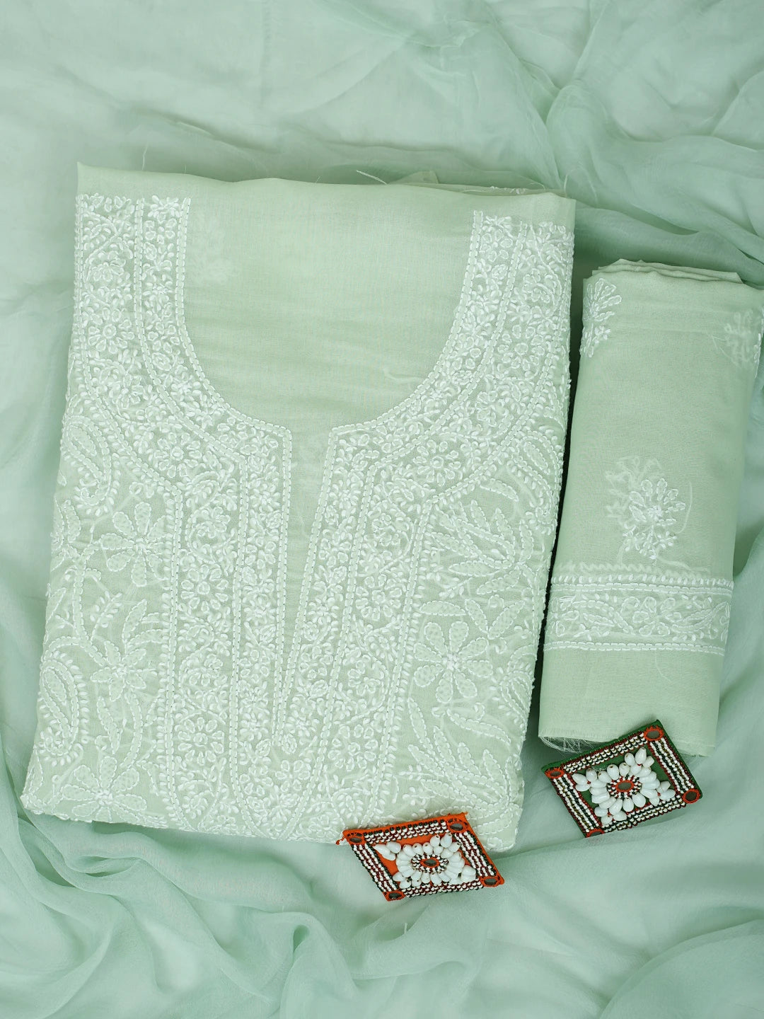 Ada Hand Embroidered Light Green Cotton Lucknowi Chikankari Unstitched Suit Piece with Chiffon Dupatta 01A932472