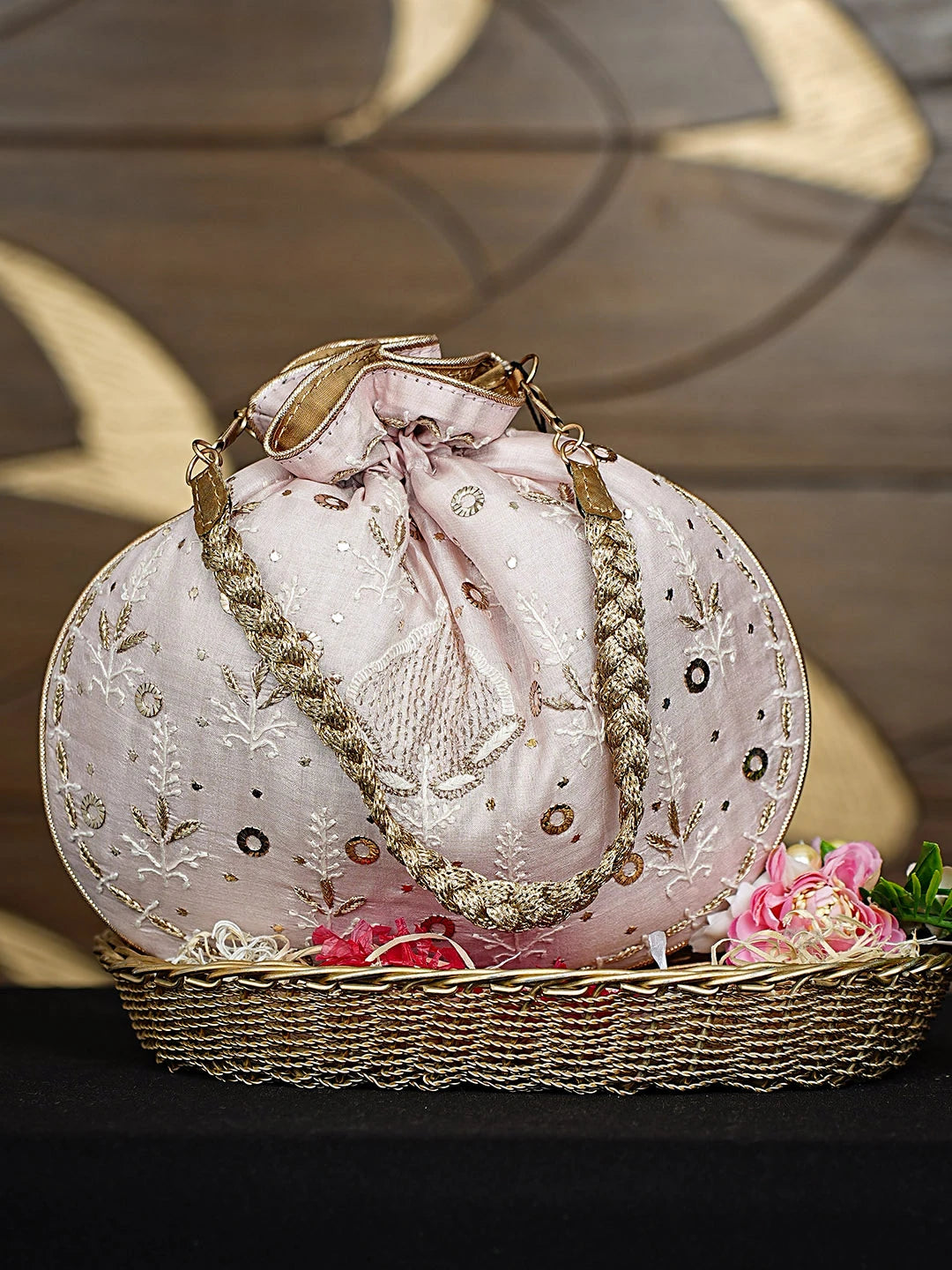 Ada Hand Embroidered Light Pink Silk Lucknowi Chikankari Potli Bag With Zari Work 01A924329