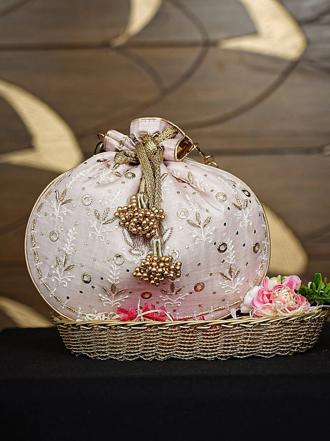 Ada Hand Embroidered Light Pink Silk Lucknowi Chikankari Potli Bag With Zari Work 01A924329