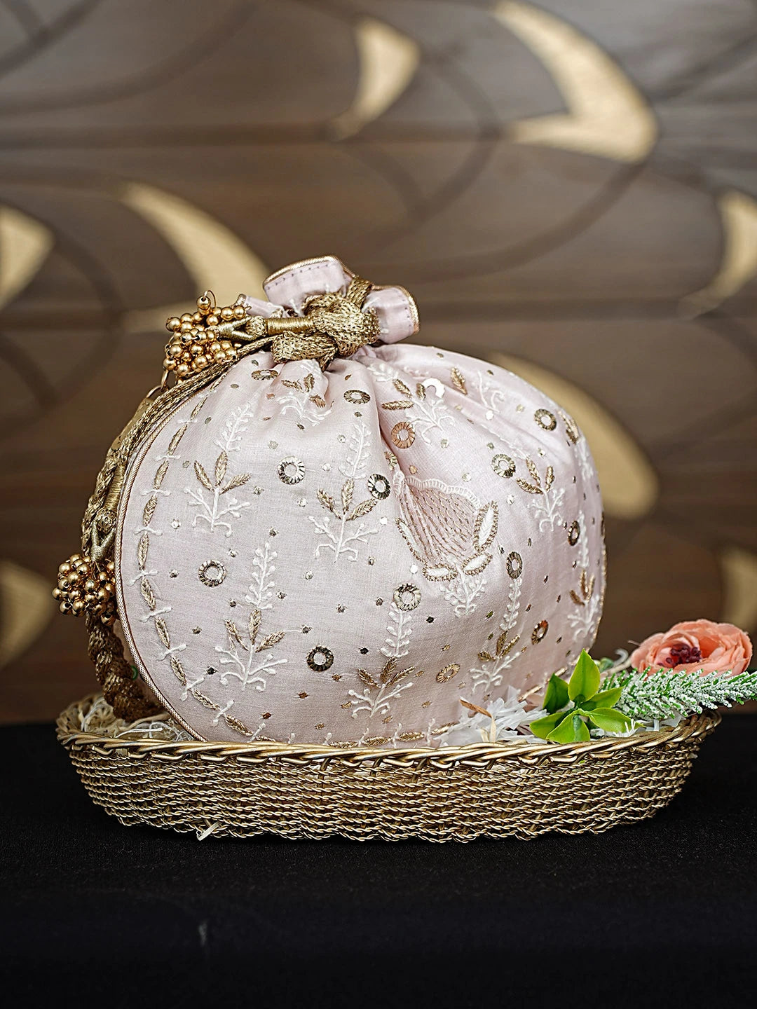 Ada Hand Embroidered Light Pink Silk Lucknowi Chikankari Potli Bag With Zari Work 01A924329