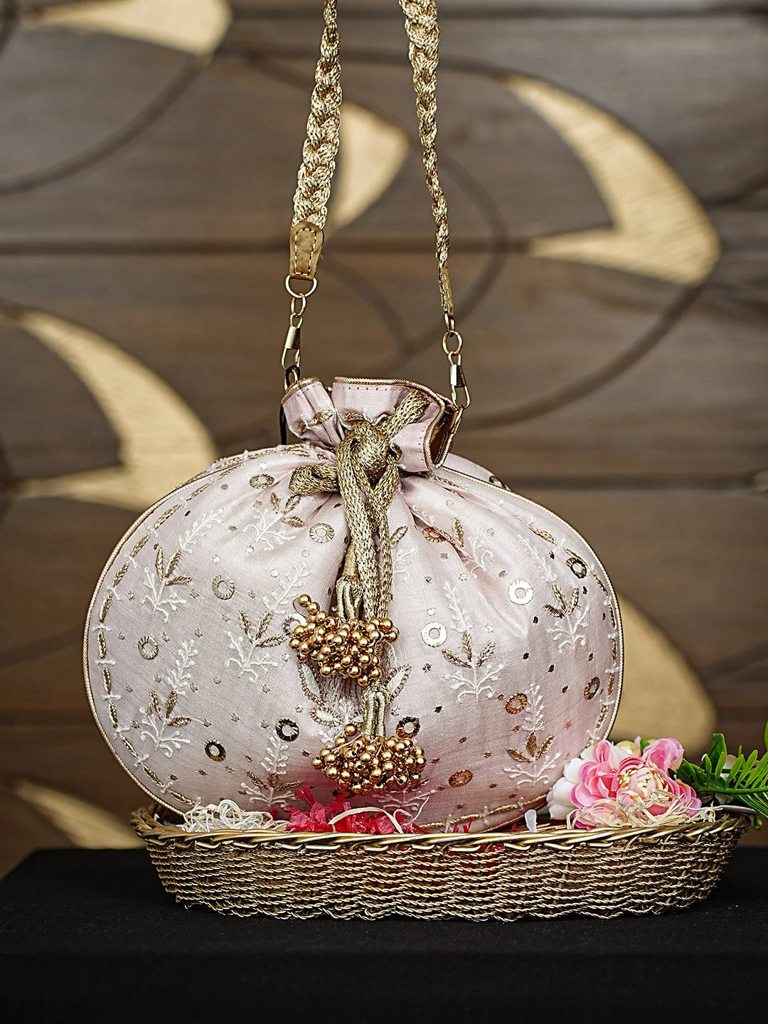 Ada Hand Embroidered Light Pink Silk Lucknowi Chikankari Potli Bag With Zari Work 01A924329