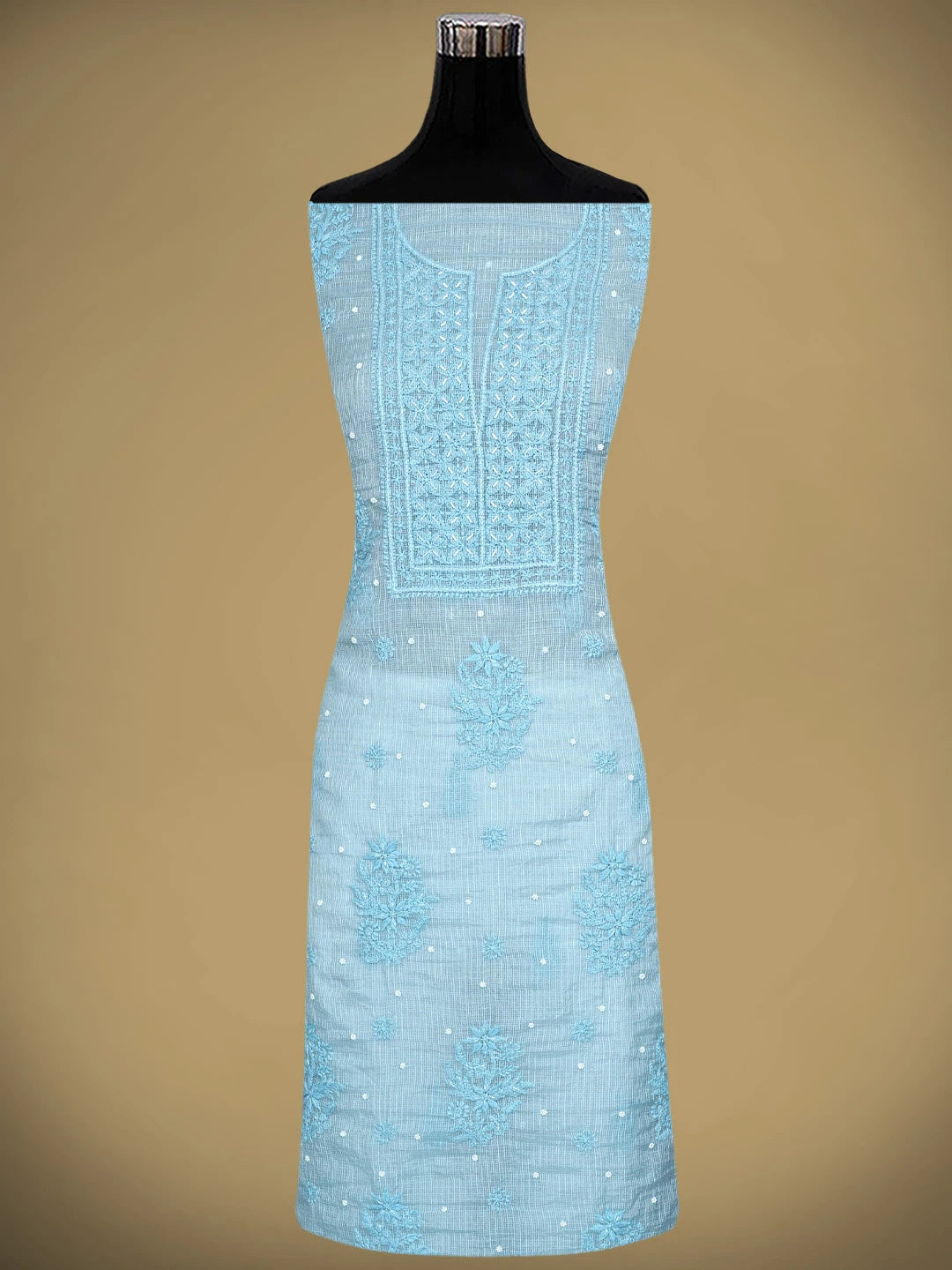 Ada Hand Embroidered Pale Sky Blue Kota Chanderi Lucknowi Chikankari Unstitched Kurta Dupatta Set With Zari Work 01A922036