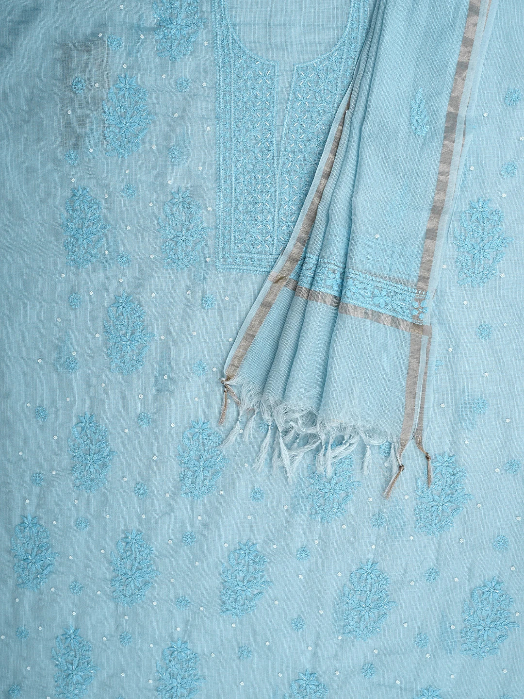 Ada Hand Embroidered Pale Sky Blue Kota Chanderi Lucknowi Chikankari Unstitched Kurta Dupatta Set With Zari Work 01A922036