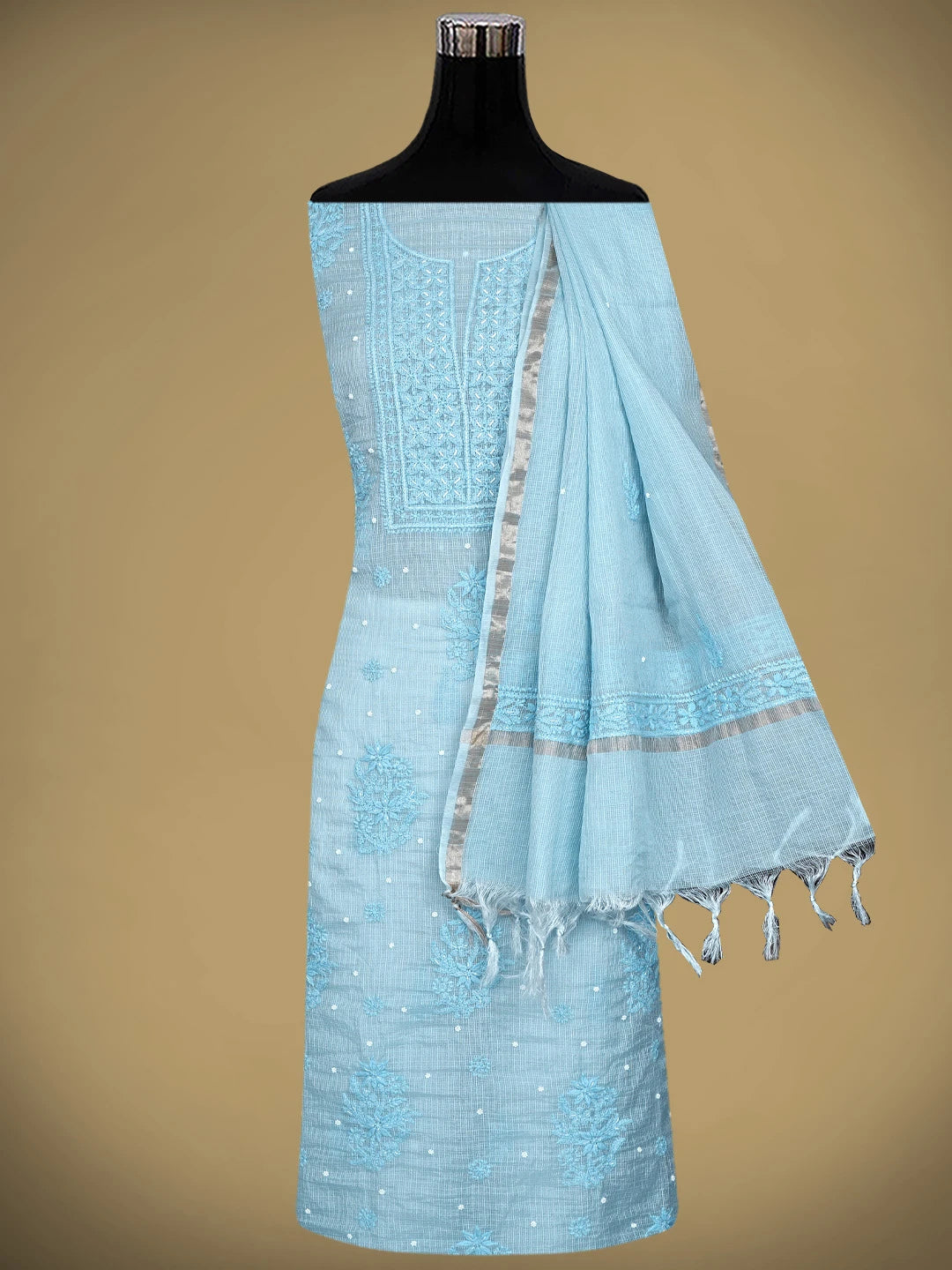 Ada Hand Embroidered Pale Sky Blue Kota Chanderi Lucknowi Chikankari Unstitched Kurta Dupatta Set With Zari Work 01A922036
