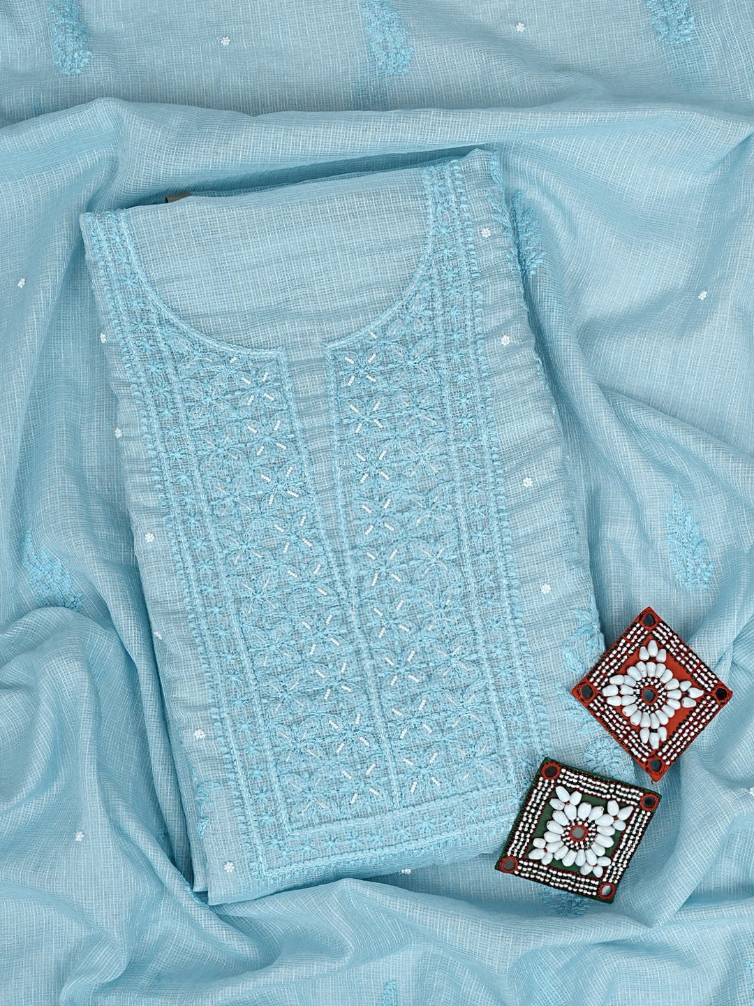 Ada Hand Embroidered Pale Sky Blue Kota Chanderi Lucknowi Chikankari Unstitched Kurta Dupatta Set With Zari Work 01A922036