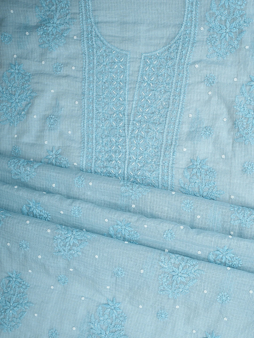 Ada Hand Embroidered Pale Sky Blue Kota Chanderi Lucknowi Chikankari Unstitched Kurta Dupatta Set With Zari Work 01A922036