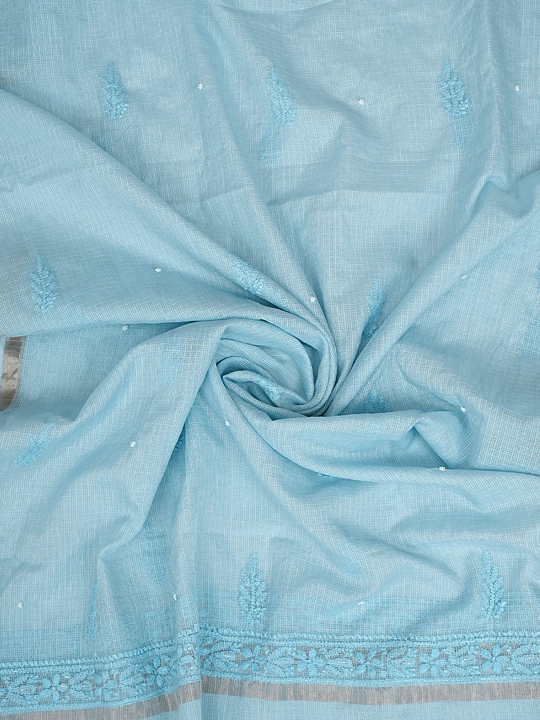Ada Hand Embroidered Pale Sky Blue Kota Chanderi Lucknowi Chikankari Unstitched Kurta Dupatta Set With Zari Work 01A922036