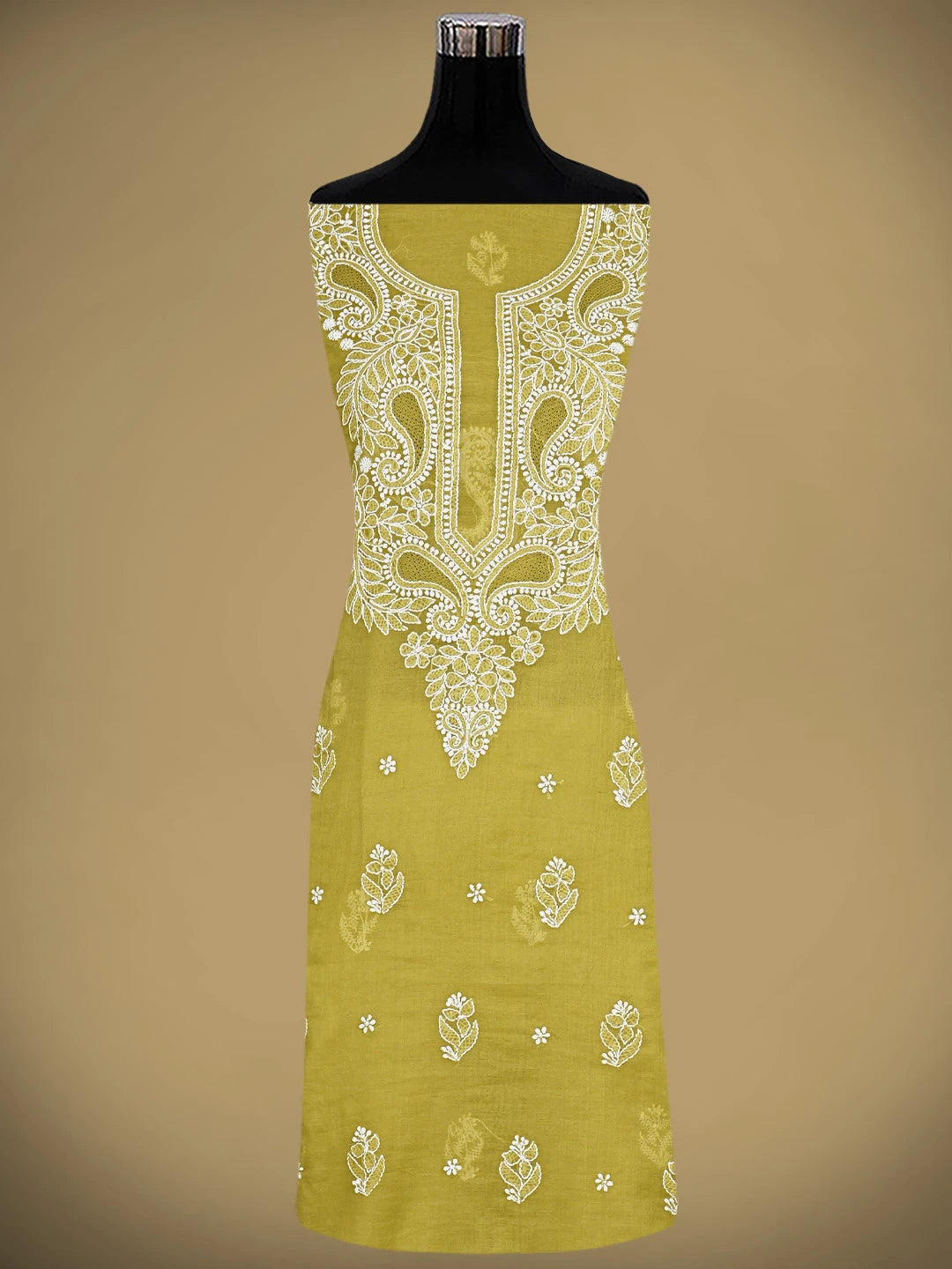 Ada Hand Embroidered Mehendi Green Chanderi Lucknowi Chikankari Unstitched Suit Piece 01A932553