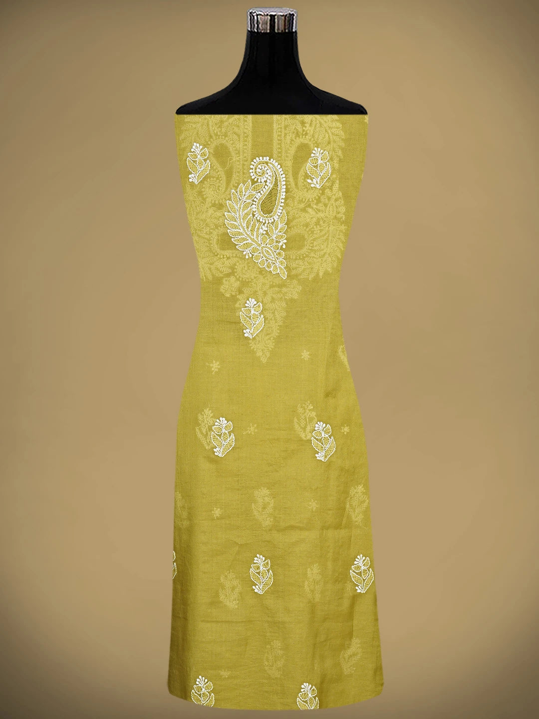 Ada Hand Embroidered Mehendi Green Chanderi Lucknowi Chikankari Unstitched Suit Piece 01A932553