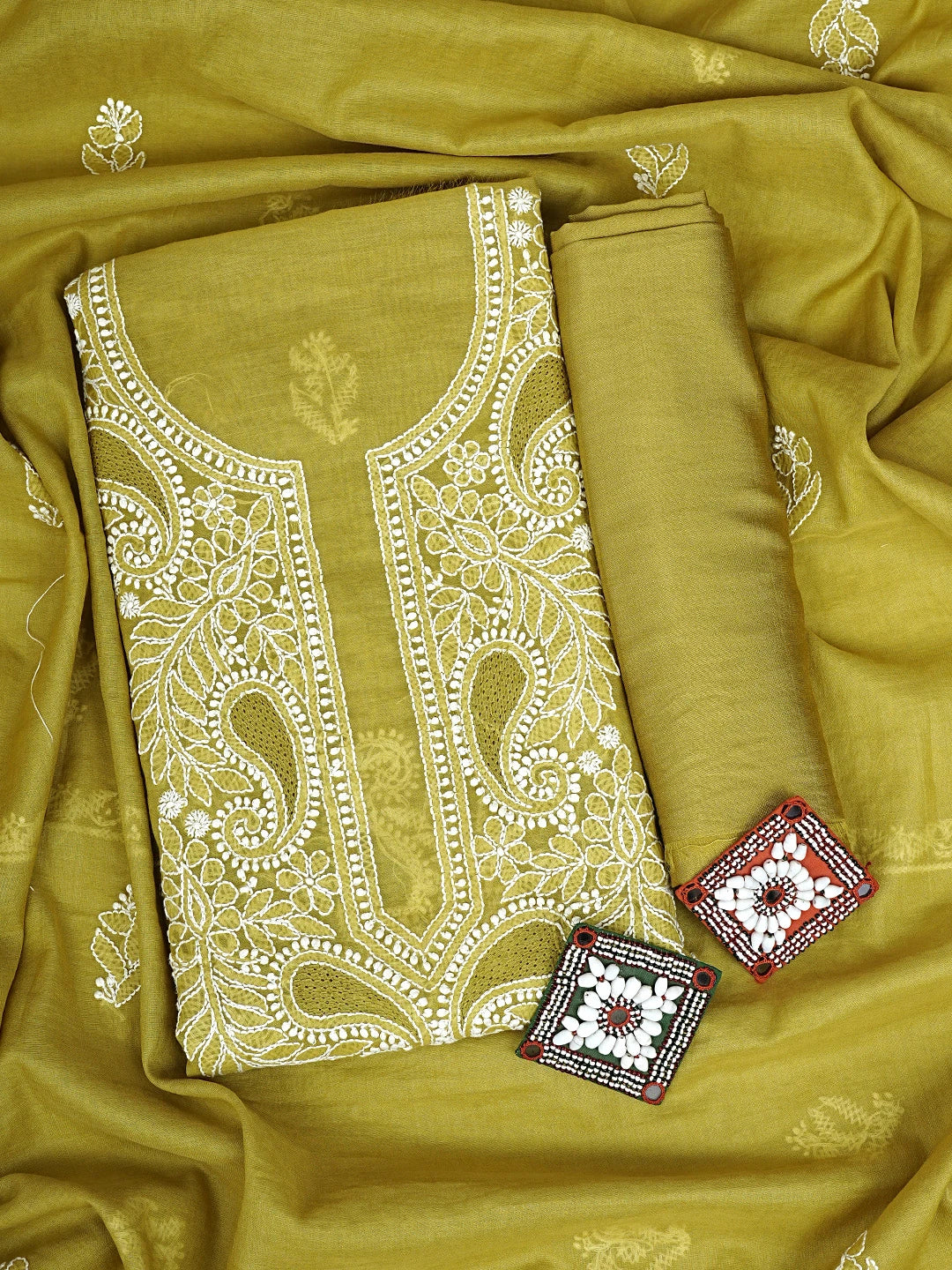 Ada Hand Embroidered Mehendi Green Chanderi Lucknowi Chikankari Unstitched Suit Piece 01A932553