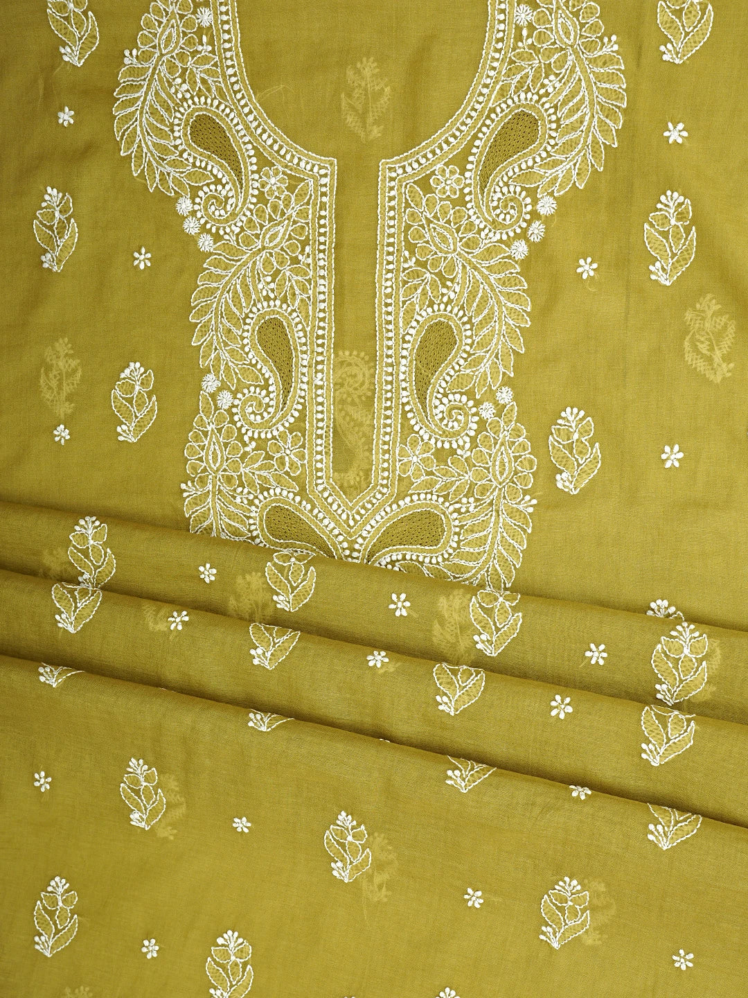 Ada Hand Embroidered Mehendi Green Chanderi Lucknowi Chikankari Unstitched Suit Piece 01A932553