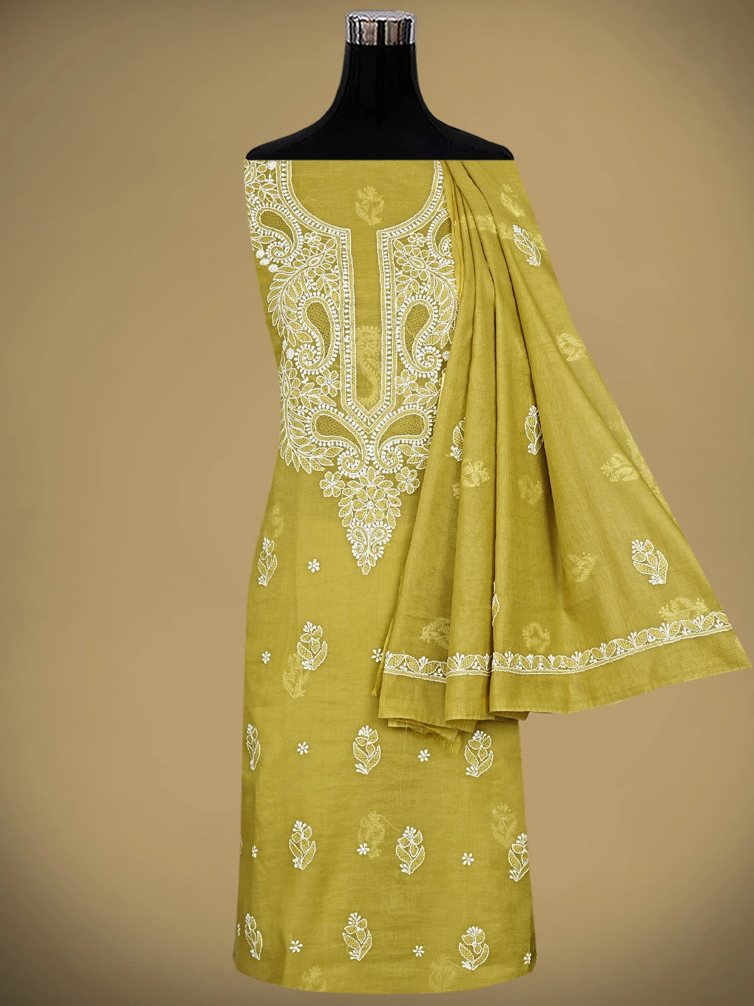 Ada Hand Embroidered Mehendi Green Chanderi Lucknowi Chikankari Unstitched Suit Piece 01A932553