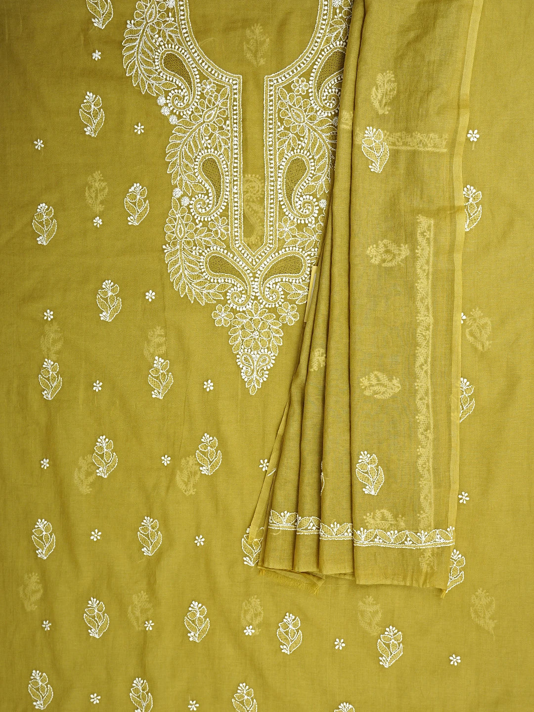 Ada Hand Embroidered Mehendi Green Chanderi Lucknowi Chikankari Unstitched Suit Piece 01A932553