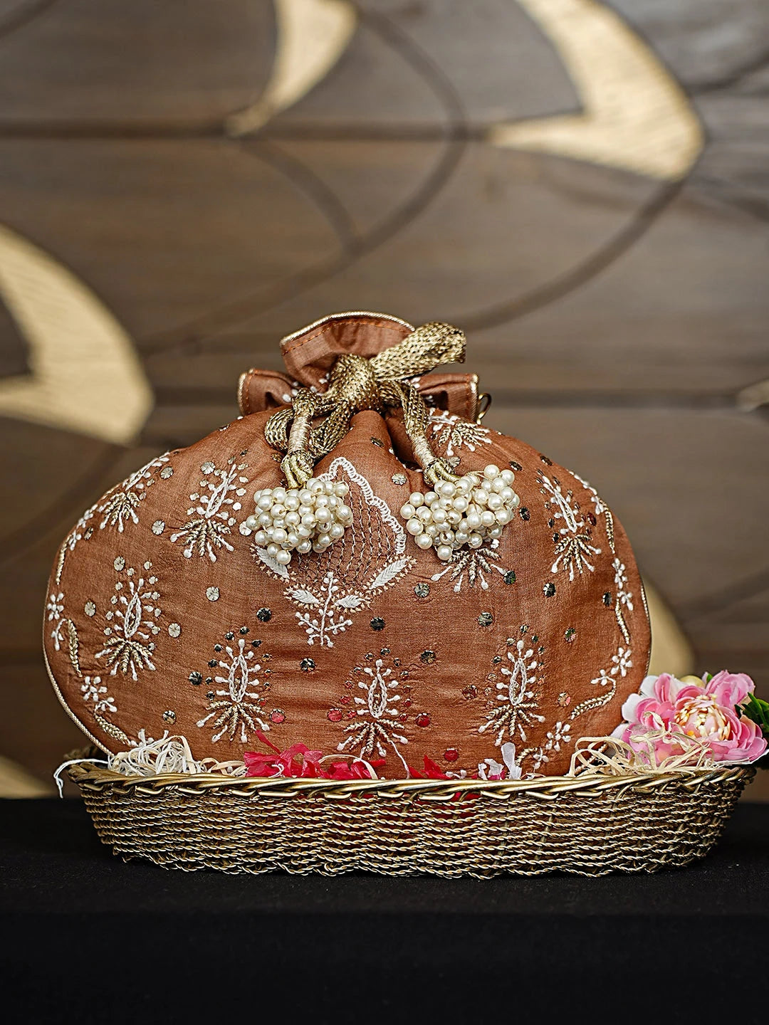 Ada Hand Embroidered Brown Silk Lucknowi Chikankari Potli Bag With Zari Work 01A924268