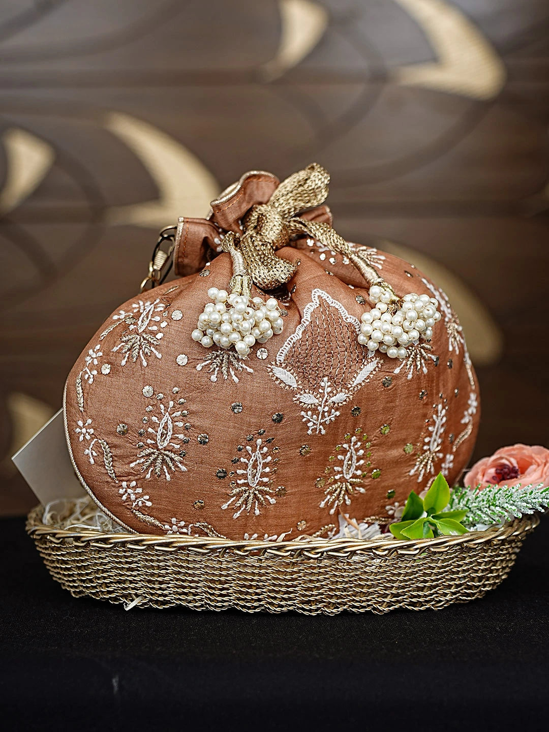 Ada Hand Embroidered Brown Silk Lucknowi Chikankari Potli Bag With Zari Work 01A924268