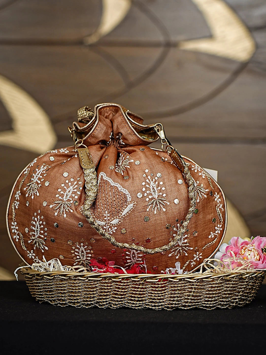 Ada Hand Embroidered Brown Silk Lucknowi Chikankari Potli Bag With Zari Work 01A924268