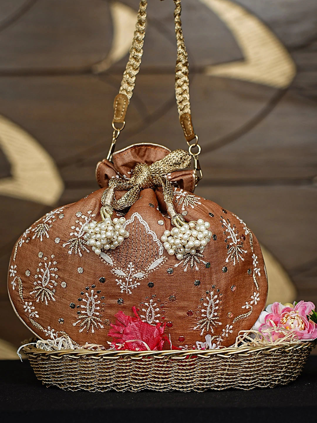 Ada Hand Embroidered Brown Silk Lucknowi Chikankari Potli Bag With Zari Work 01A924268