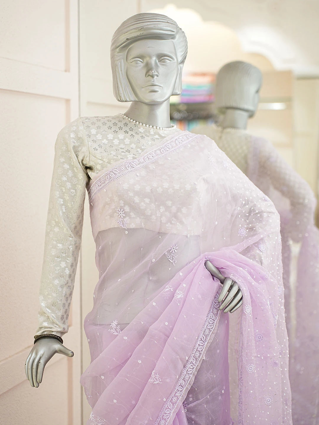 Ada Hand Embroidered Lavender Organza Lucknowi Chikankari Saree and Blouse With Pearl Work 01A873567