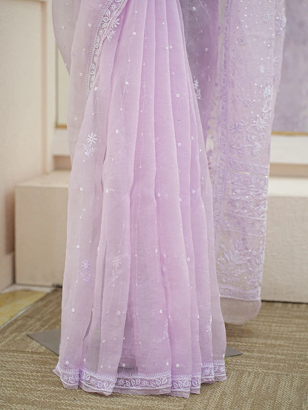 Ada Hand Embroidered Lavender Organza Lucknowi Chikankari Saree and Blouse With Pearl Work 01A873567