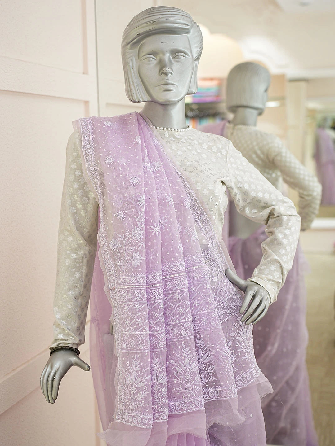 Ada Hand Embroidered Lavender Organza Lucknowi Chikankari Saree and Blouse With Pearl Work 01A873567