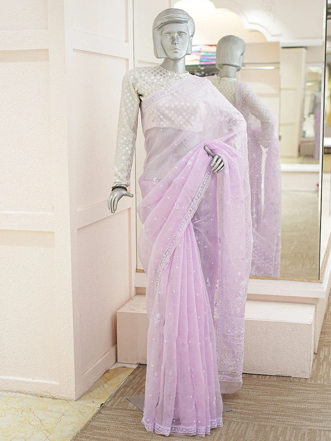 Ada Hand Embroidered Lavender Organza Lucknowi Chikankari Saree and Blouse With Pearl Work 01A873567