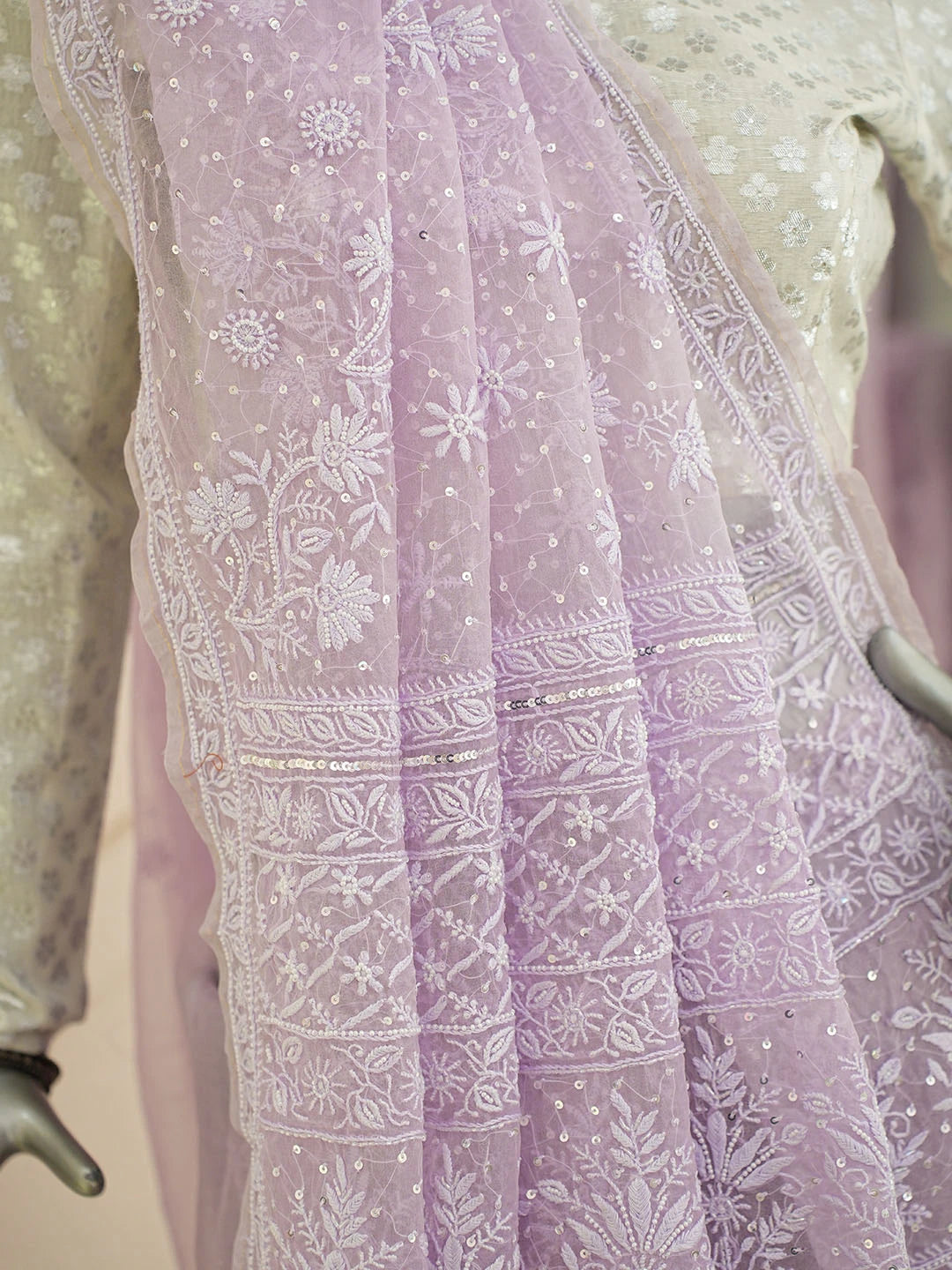 Ada Hand Embroidered Lavender Organza Lucknowi Chikankari Saree and Blouse With Pearl Work 01A873567