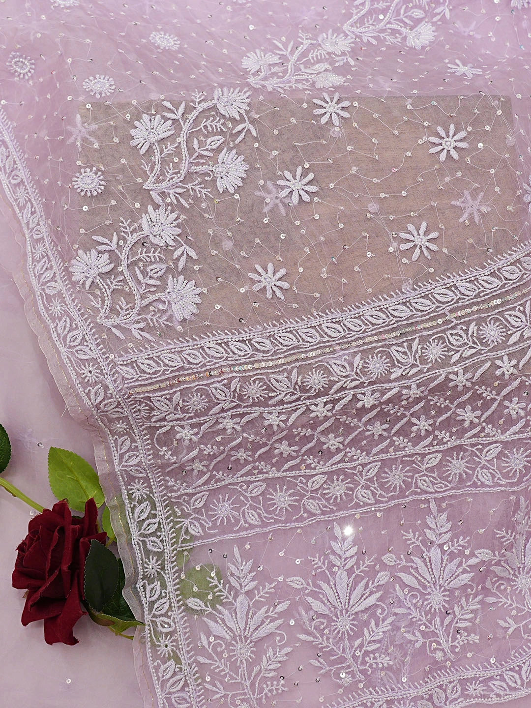 Ada Hand Embroidered Lavender Organza Lucknowi Chikankari Saree and Blouse With Pearl Work 01A873567