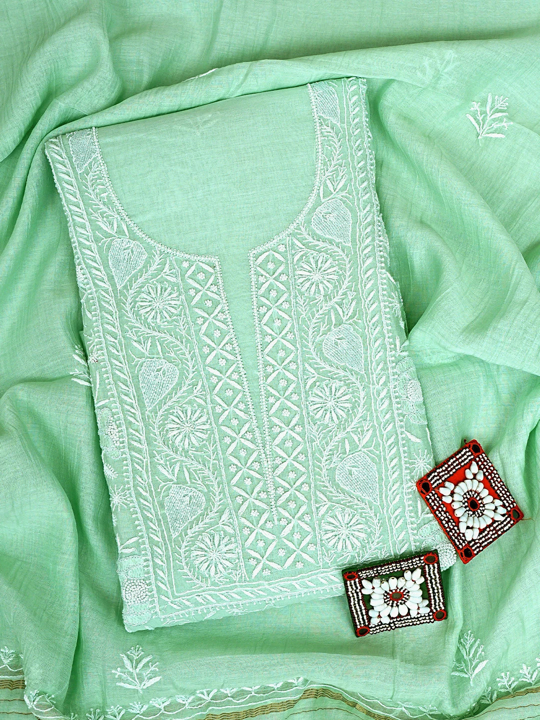Ada Hand Embroidered Celadon Green Chanderi Lucknowi Chikankari Unstitched Kurta Dupatta Set With Cutdana Work 01A922086