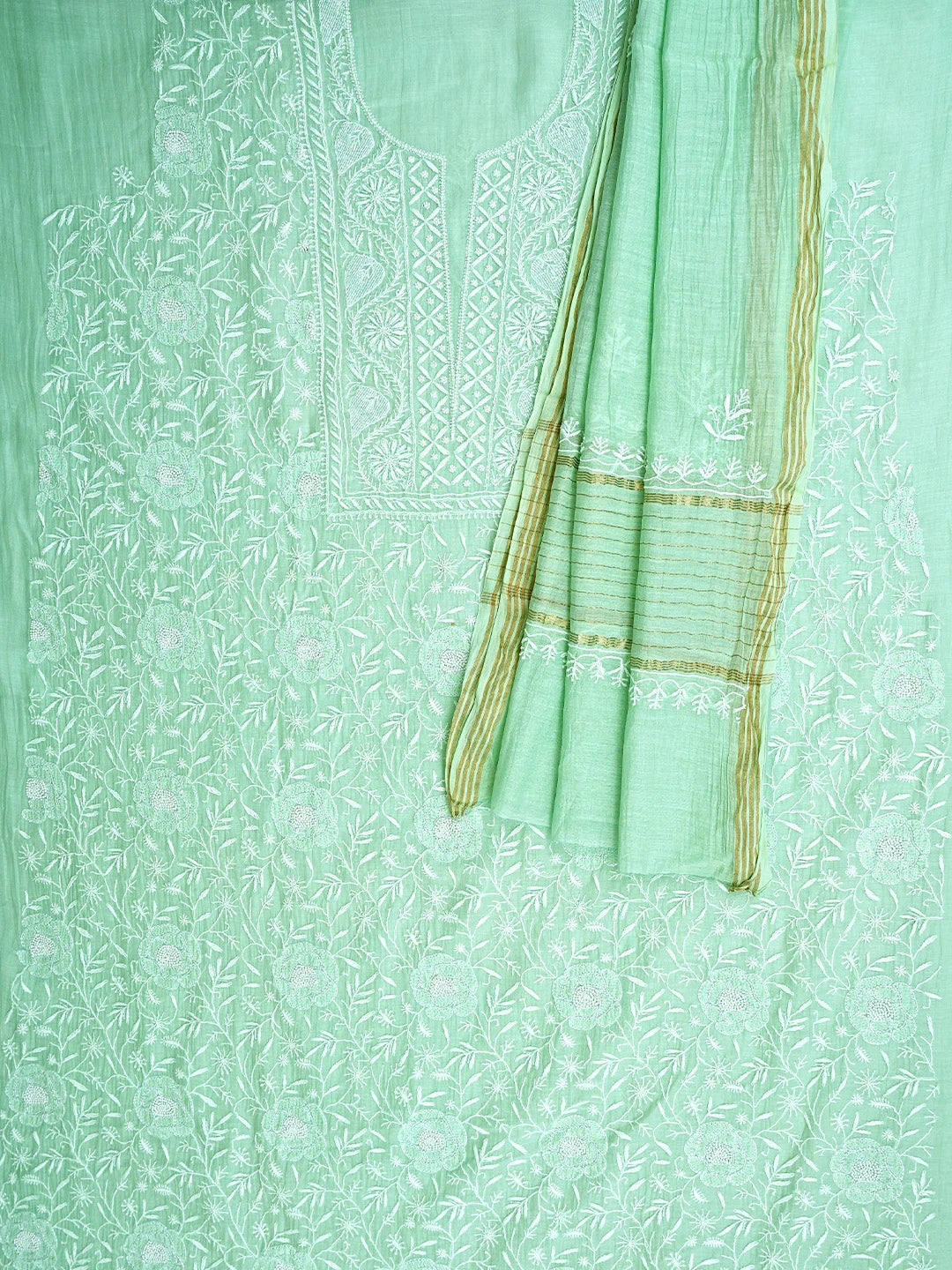 Ada Hand Embroidered Celadon Green Chanderi Lucknowi Chikankari Unstitched Kurta Dupatta Set With Cutdana Work 01A922086