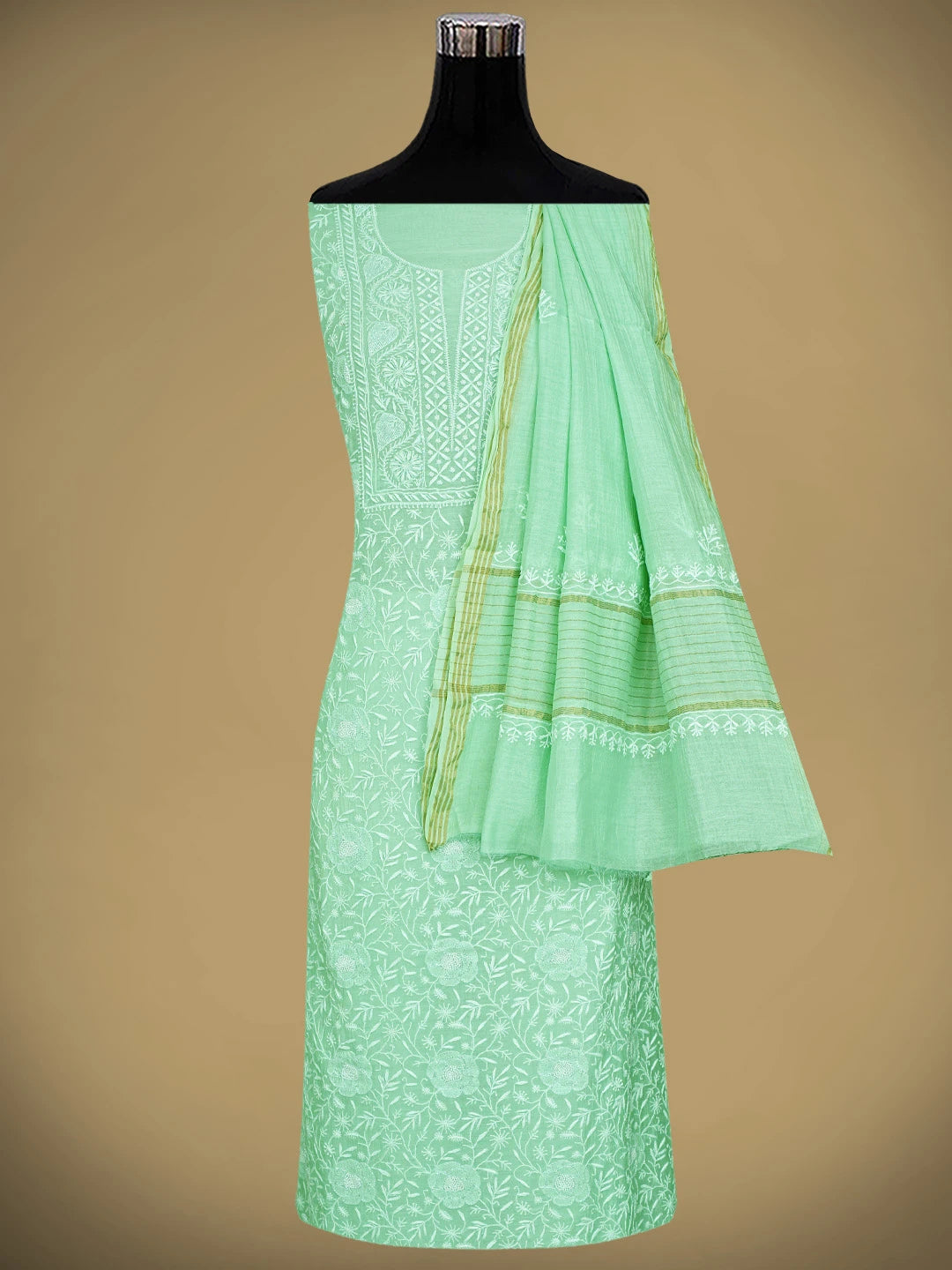 Ada Hand Embroidered Celadon Green Chanderi Lucknowi Chikankari Unstitched Kurta Dupatta Set With Cutdana Work 01A922086