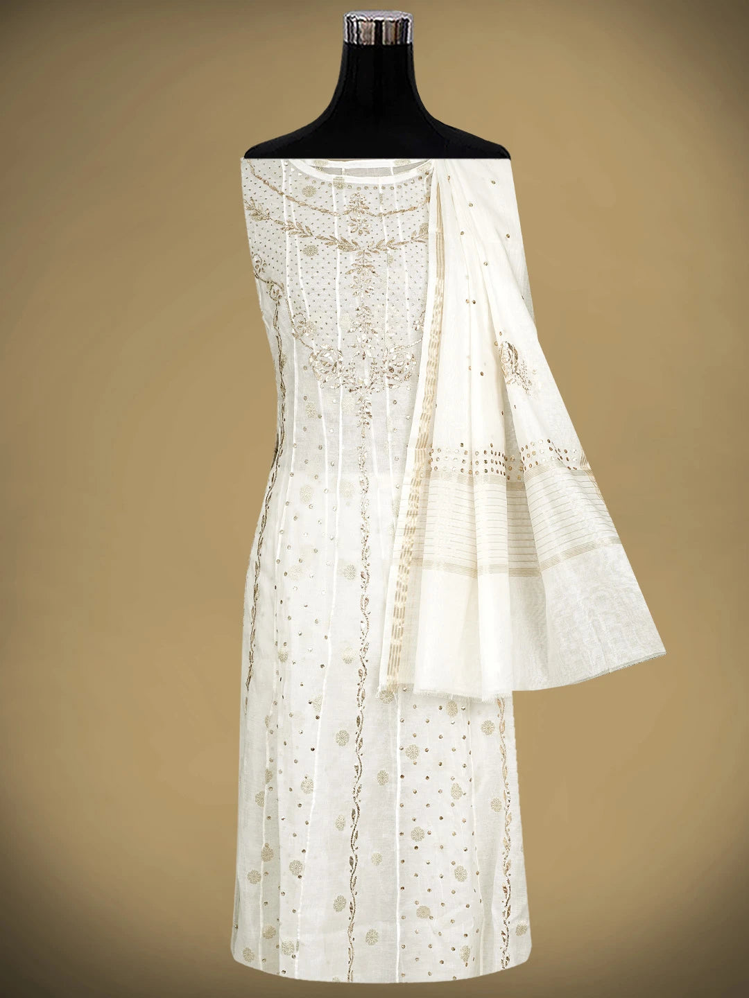Ada Hand Embroidered White Chanderi Semi-stitched Anarkali Kurta Dupatta Set With Muqaish/Mukaish Work 01A903437