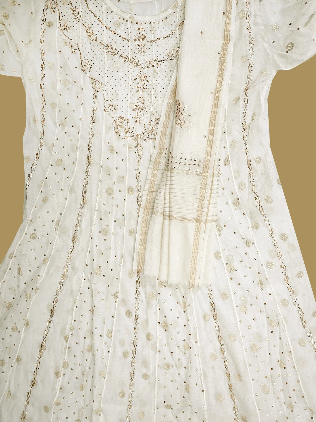 Ada Hand Embroidered White Chanderi Semi-stitched Anarkali Kurta Dupatta Set With Muqaish/Mukaish Work 01A903437