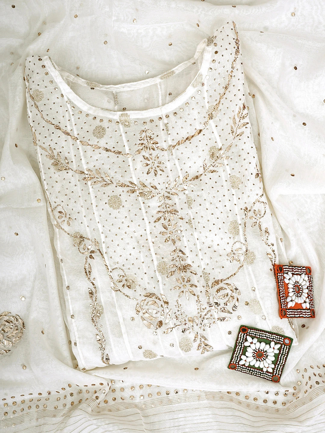 Ada Hand Embroidered White Chanderi Semi-stitched Anarkali Kurta Dupatta Set With Muqaish/Mukaish Work 01A903437