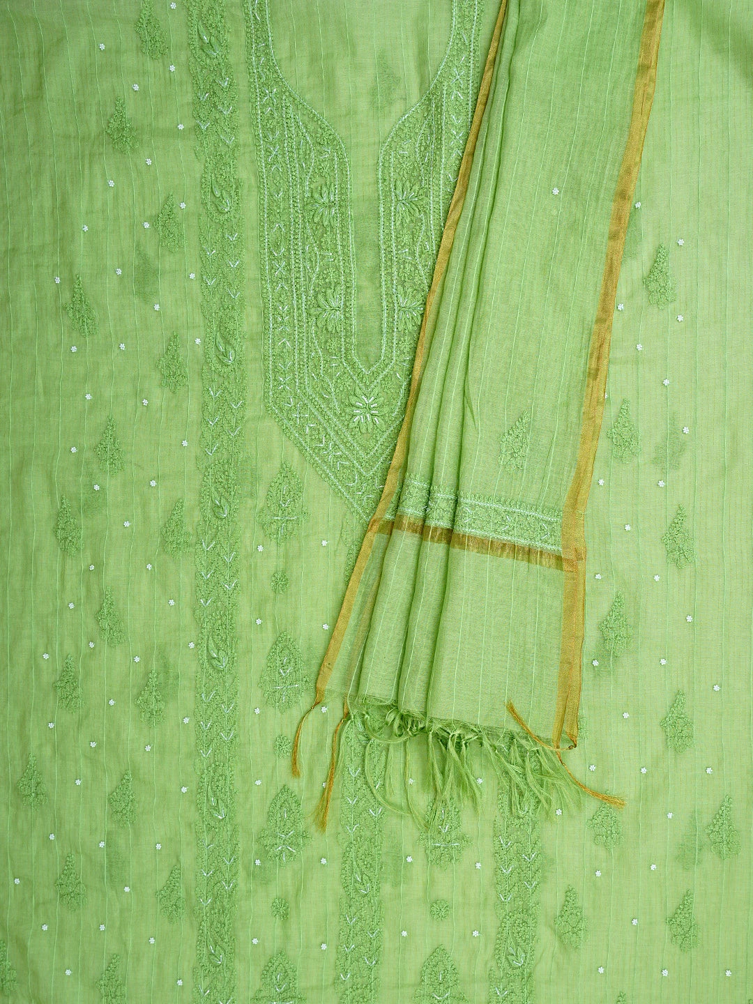 Ada Hand Embroidered Willow Green Chanderi Lucknowi Chikankari Unstitched Kurta Dupatta Set With Cutdana Work 01A922074