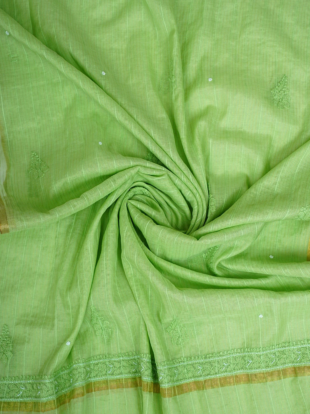 Ada Hand Embroidered Willow Green Chanderi Lucknowi Chikankari Unstitched Kurta Dupatta Set With Cutdana Work 01A922074