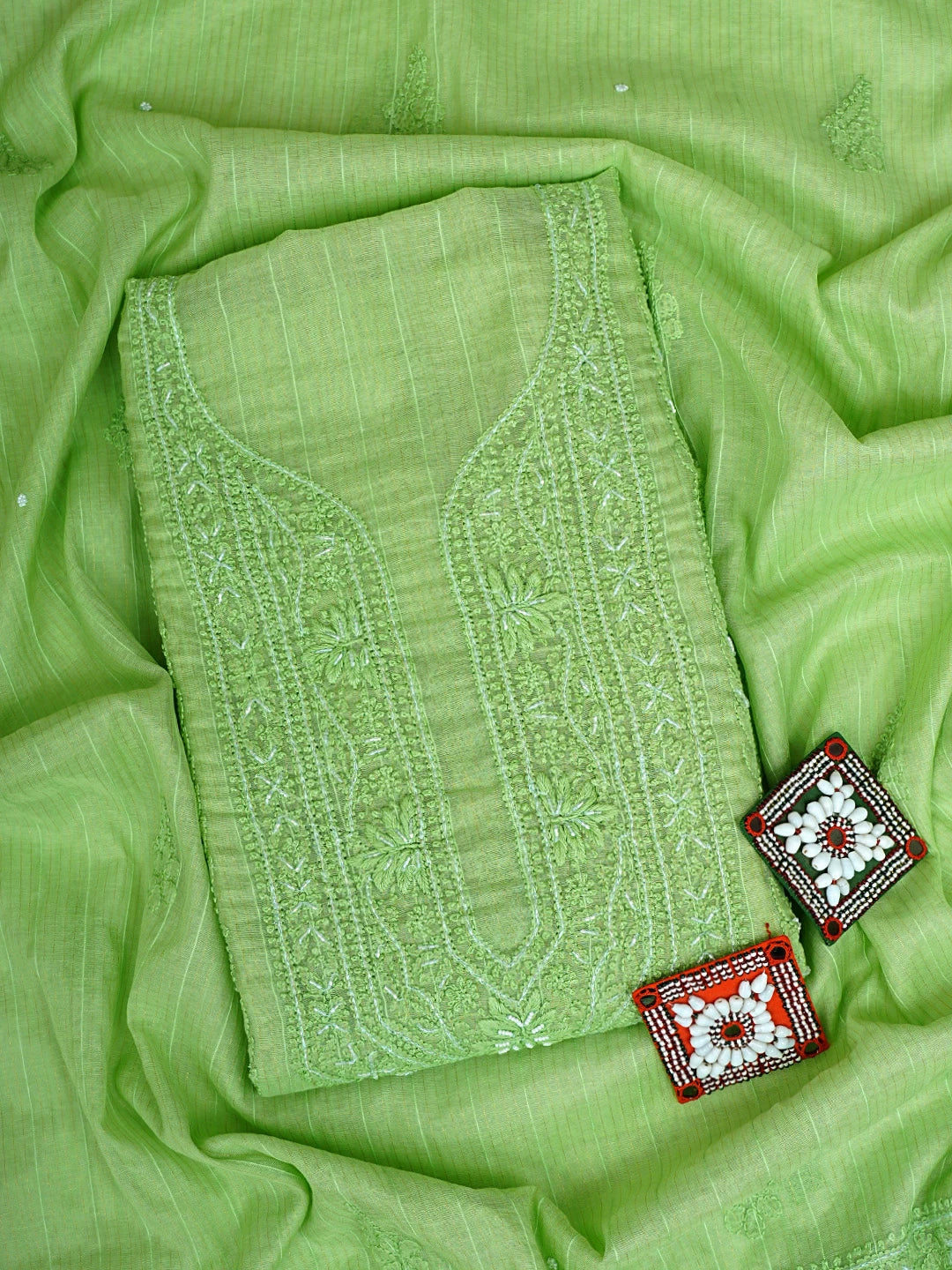 Ada Hand Embroidered Willow Green Chanderi Lucknowi Chikankari Unstitched Kurta Dupatta Set With Cutdana Work 01A922074
