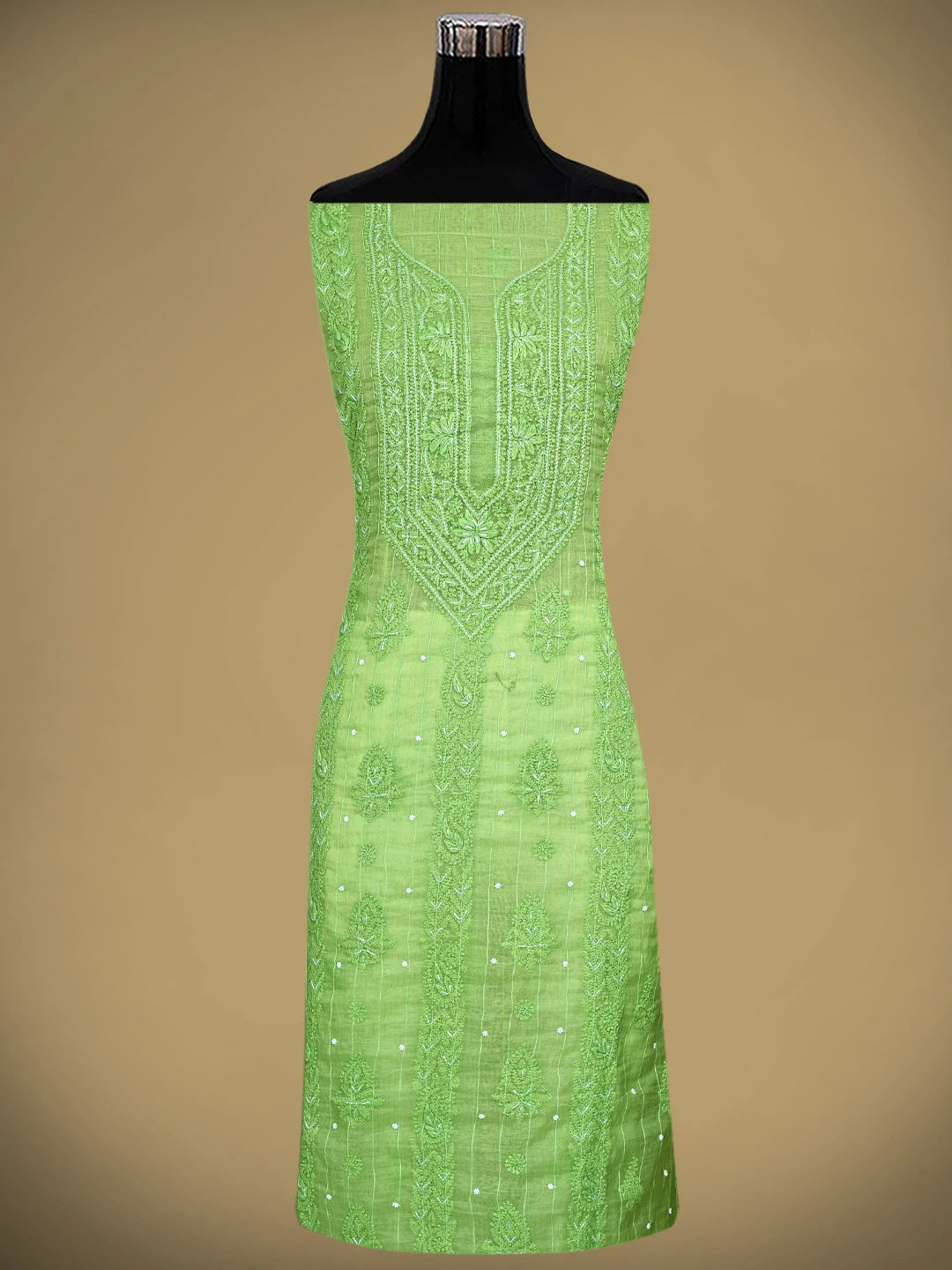 Ada Hand Embroidered Willow Green Chanderi Lucknowi Chikankari Unstitched Kurta Dupatta Set With Cutdana Work 01A922074