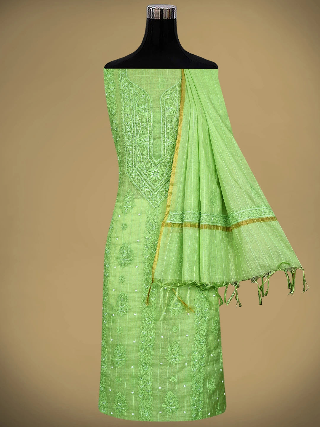 Ada Hand Embroidered Willow Green Chanderi Lucknowi Chikankari Unstitched Kurta Dupatta Set With Cutdana Work 01A922074