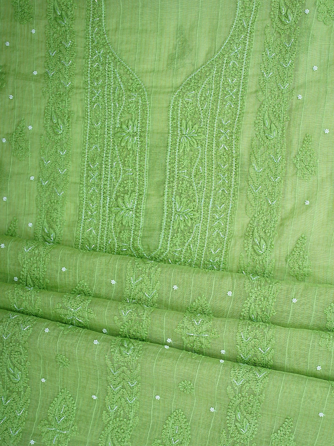 Ada Hand Embroidered Willow Green Chanderi Lucknowi Chikankari Unstitched Kurta Dupatta Set With Cutdana Work 01A922074