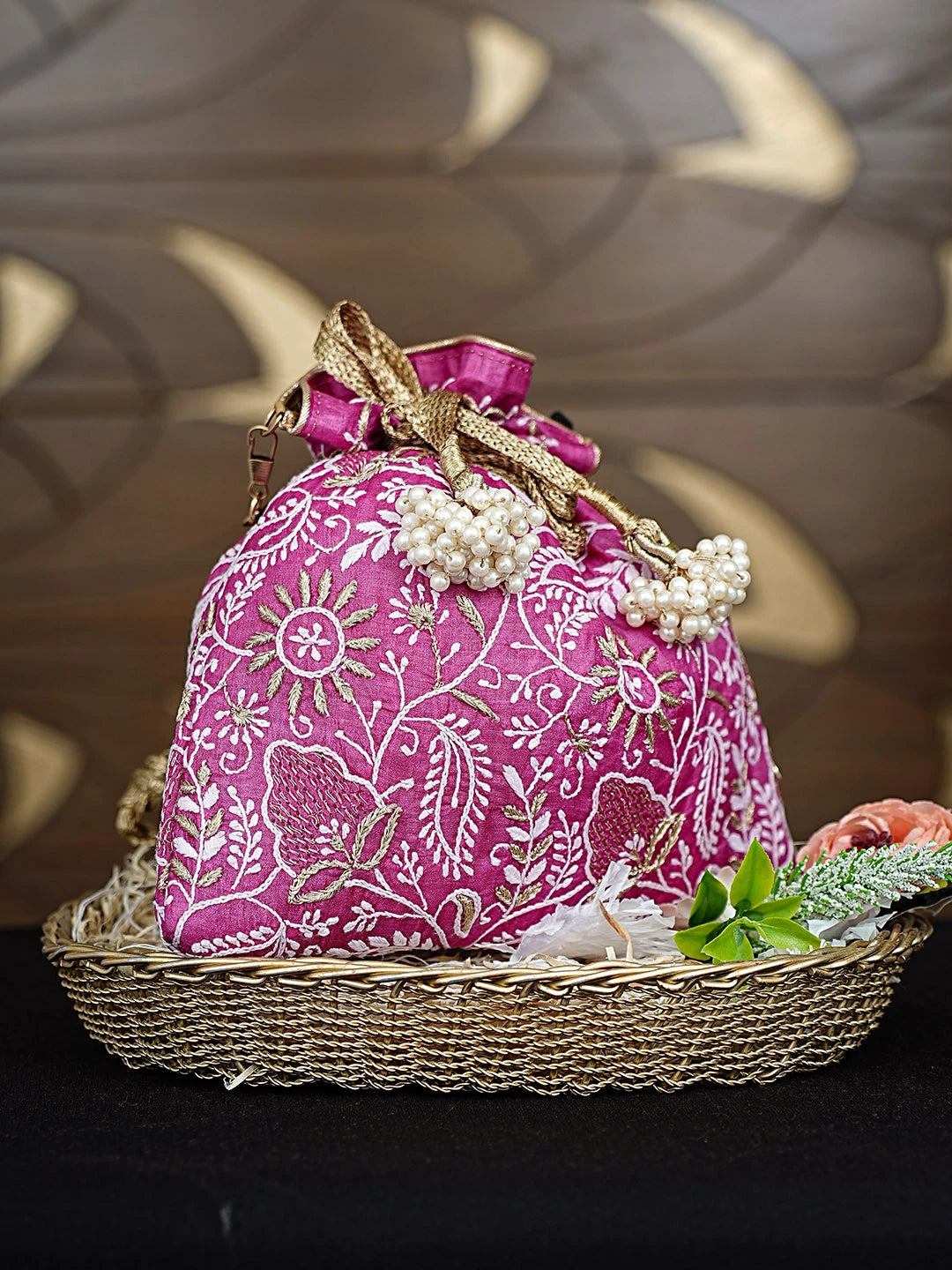 Ada Hand Embroidered Magenta Silk Lucknowi Chikankari Potli Bag With Zari Work 01A924413