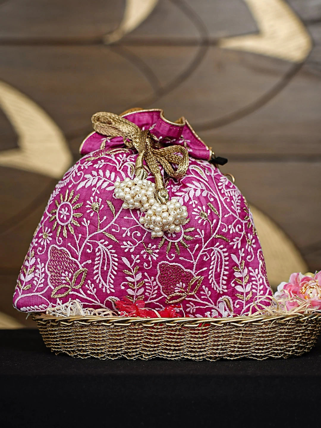 Ada Hand Embroidered Magenta Silk Lucknowi Chikankari Potli Bag With Zari Work 01A924413