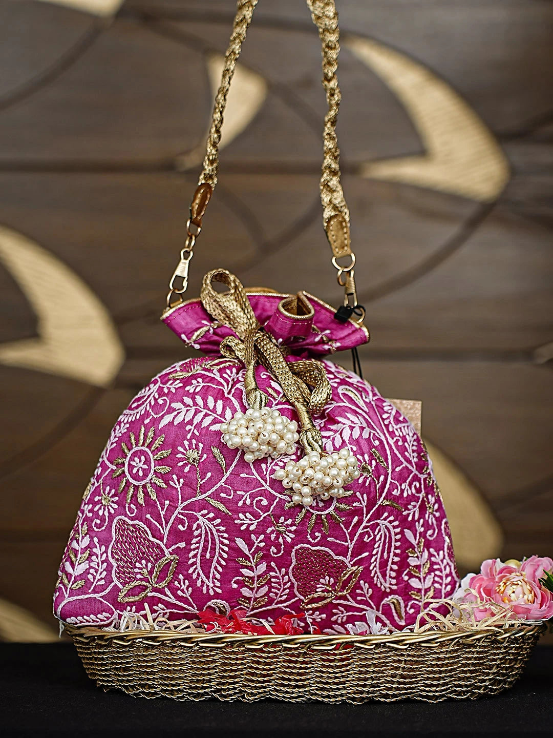 Ada Hand Embroidered Magenta Silk Lucknowi Chikankari Potli Bag With Zari Work 01A924413