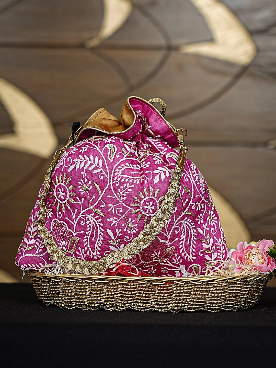 Ada Hand Embroidered Magenta Silk Lucknowi Chikankari Potli Bag With Zari Work 01A924413