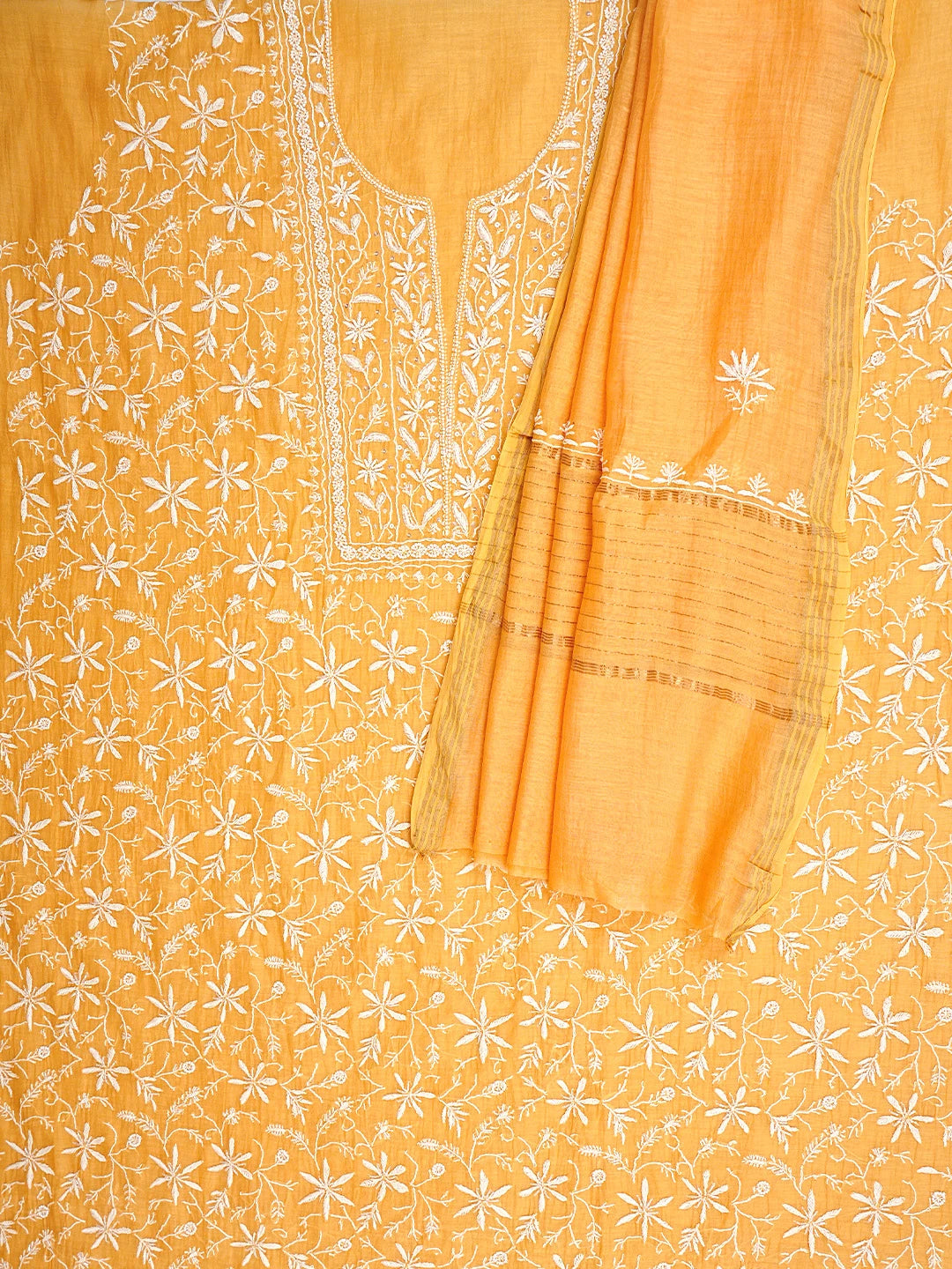 Ada Hand Embroidered Orange Chanderi Lucknowi Chikankari Unstitched Kurta Dupatta Set With Cutdana Work 01A922089