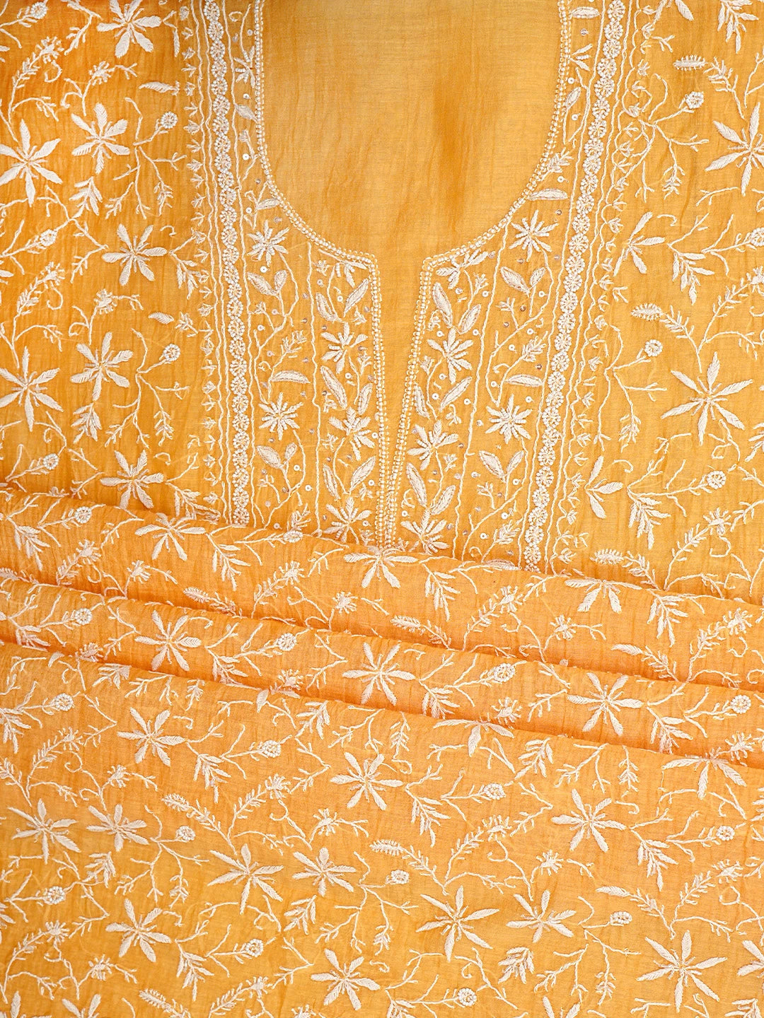 Ada Hand Embroidered Orange Chanderi Lucknowi Chikankari Unstitched Kurta Dupatta Set With Cutdana Work 01A922089